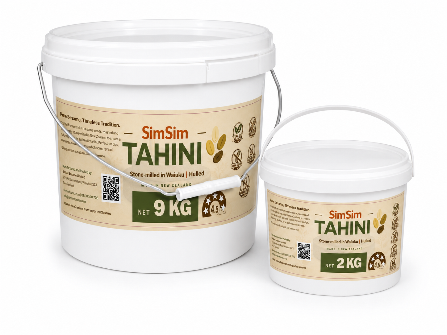 SimSim Tahini in 9 kg and 2 kg bulk buckets for cafés and restaurants